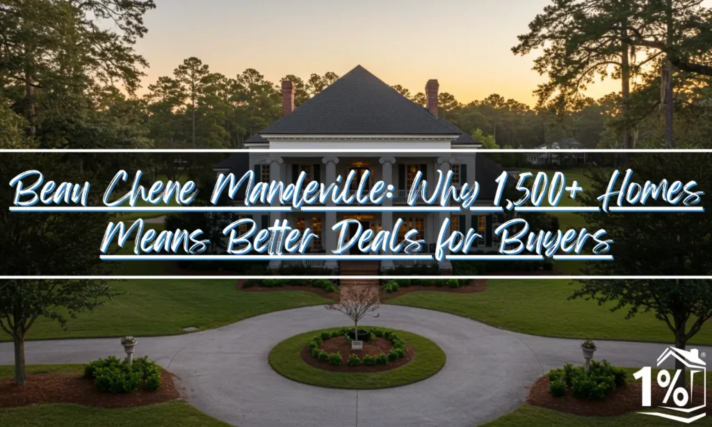 Elegant Southern mansion with white columns and circular driveway in Beau Chene Mandeville, Louisiana, featuring manicured landscaping and mature oak trees at golden hour