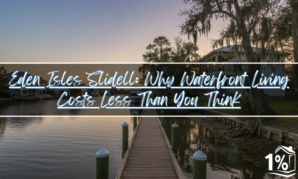 Private wooden boat dock extending into calm canal waters in Eden Isles Slidell, with waterfront home and Spanish moss trees at sunset
